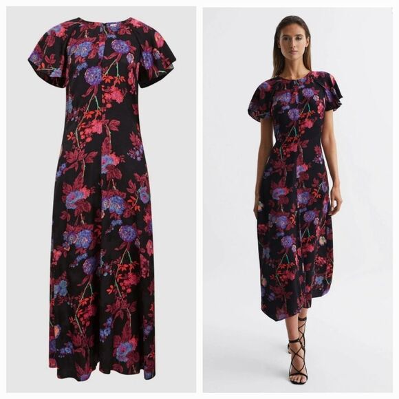 NWT Reiss LENI FITTED FLORAL PRINT Black MIDI Whimsy Fairy DRESS Size 10 *FLAWED - Picture 2 of 16